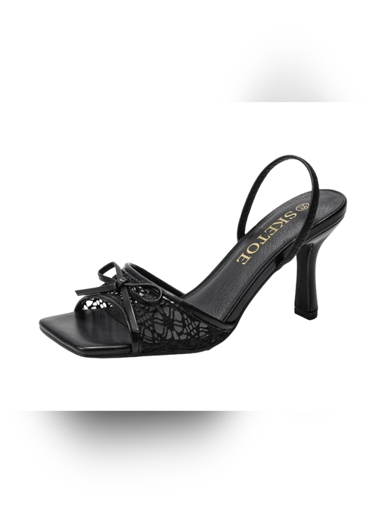sketoe Shoes - Black Lace Bow Slingback Heels, 2inch
